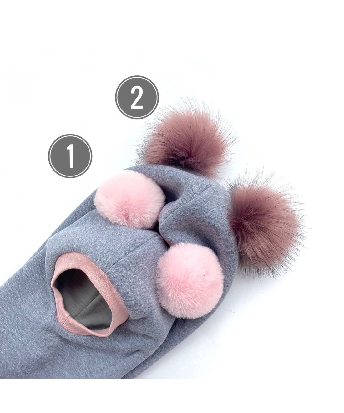 2POMPOM šalmukas žiemai (Eco pilkas su rožiniu)