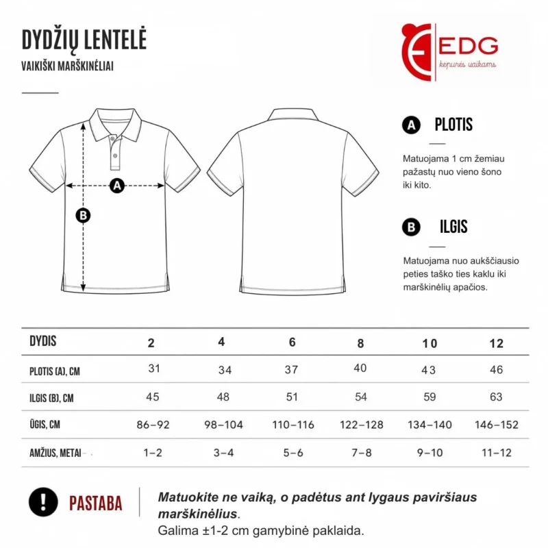 Vaikiškų polo marškinėlių dydžių lentelė ir matavimo instrukcija